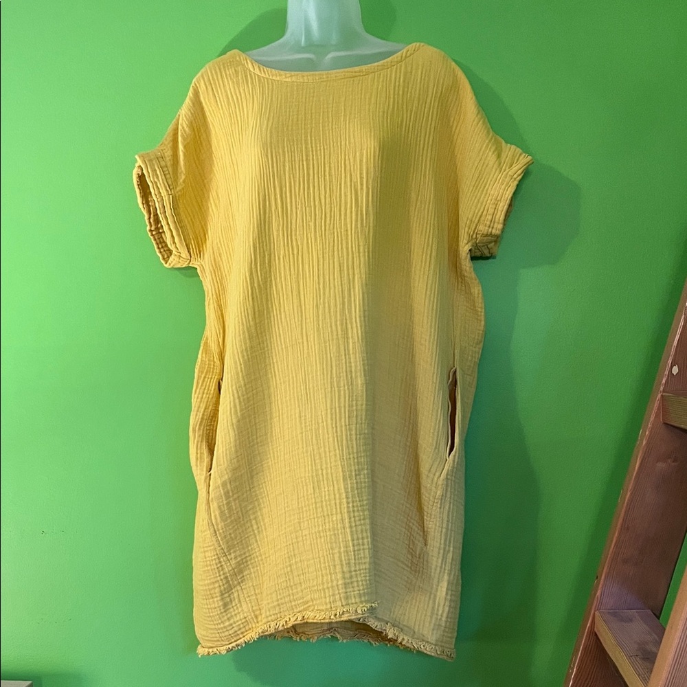 Eileen Fisher yellow cotton waffle weave tunic dress with pockets L large